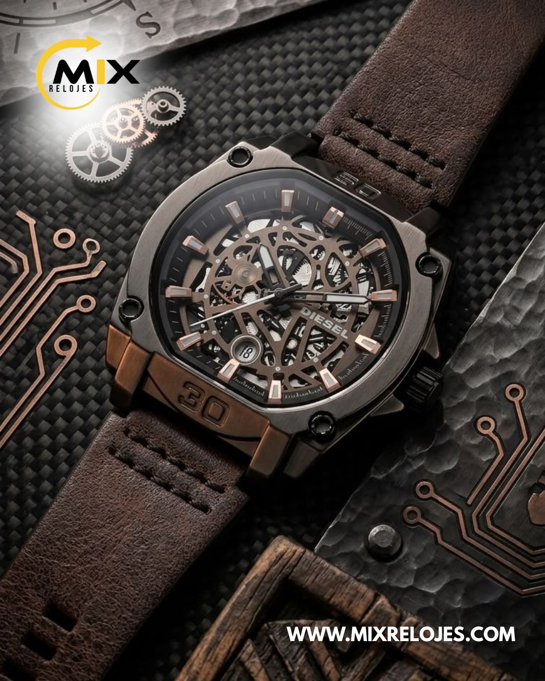 RELOJ DIESEL PLATE CUERO